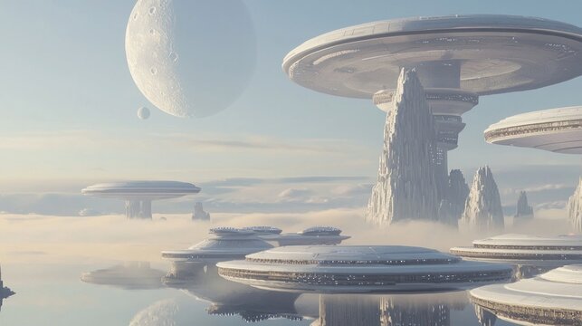 Futuristic Alien Harbor: Hyperrealistic 3D Rendering of an Advanced Alien Civilization with Sleek Spacecraft Docking Amid Epic Landscapes beneath Multiple Moons