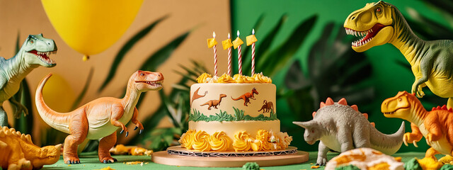 dinosaur jurassic era concept celebration birthday background with bright colors gifts, cake,...