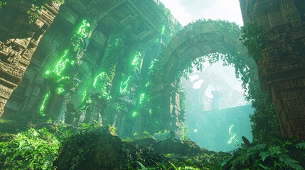 Obraz premium Hyperrealistic 3D Rendering of an Advanced Alien Civilization: Enigmatic Ancient Ruin in Luminous Vines amid Mysterious Jungle Life
