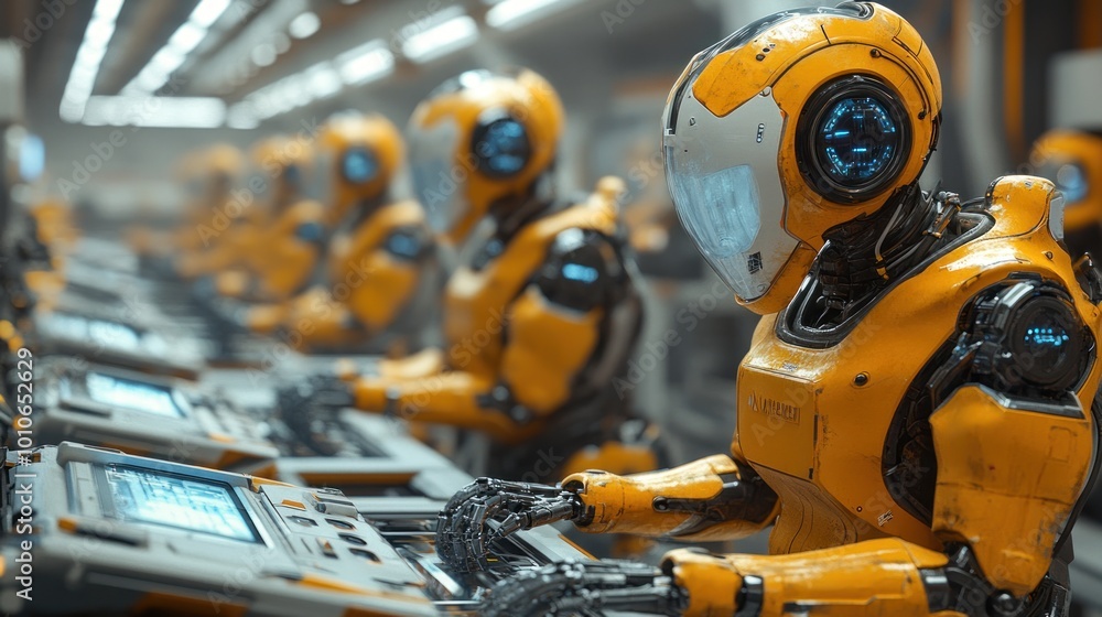 Poster assembly line of yellow robots