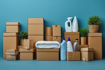 Piles of moving cartons and bottles of cleaning products are piled on top of each other on a blue background. The concept of order and organization