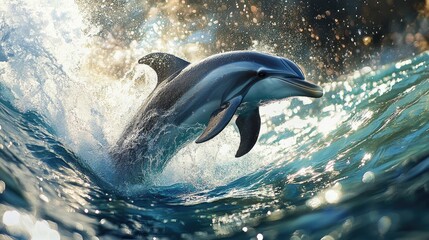 Obraz premium Dolphin Leaping Through Ocean Waves in Bright Sunlight