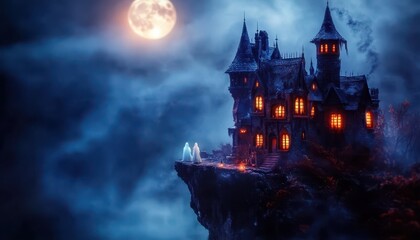 A Ghostly Figure Stands Before a Haunted Castle Under a Full Moon