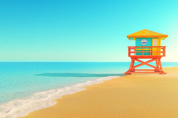 Obraz premium A vibrant lifeguard tower stands on a serene beach with gentle waves lapping at the shore under a clear blue sky.