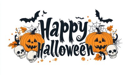 Happy Halloween Greeting with Pumpkins, Skulls, Bats, and Spiders