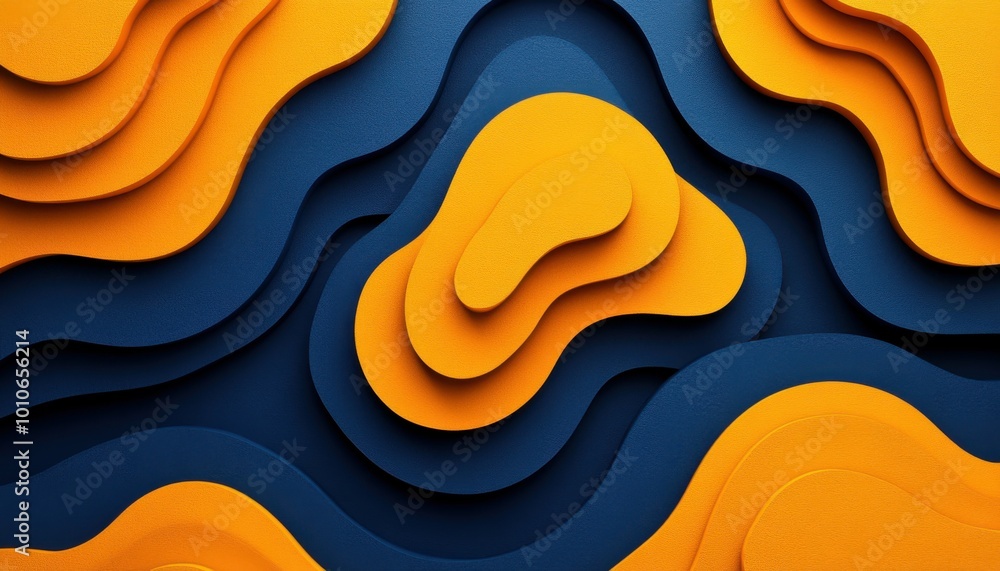 Poster the image is a colorful abstract piece with orange and blue shapes. the orange shapes are larger and