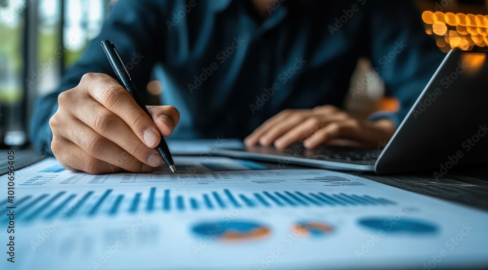 Poster a man is writing with a pen on a piece of paper. the paper has a lot of numbers and graphs on it. th
