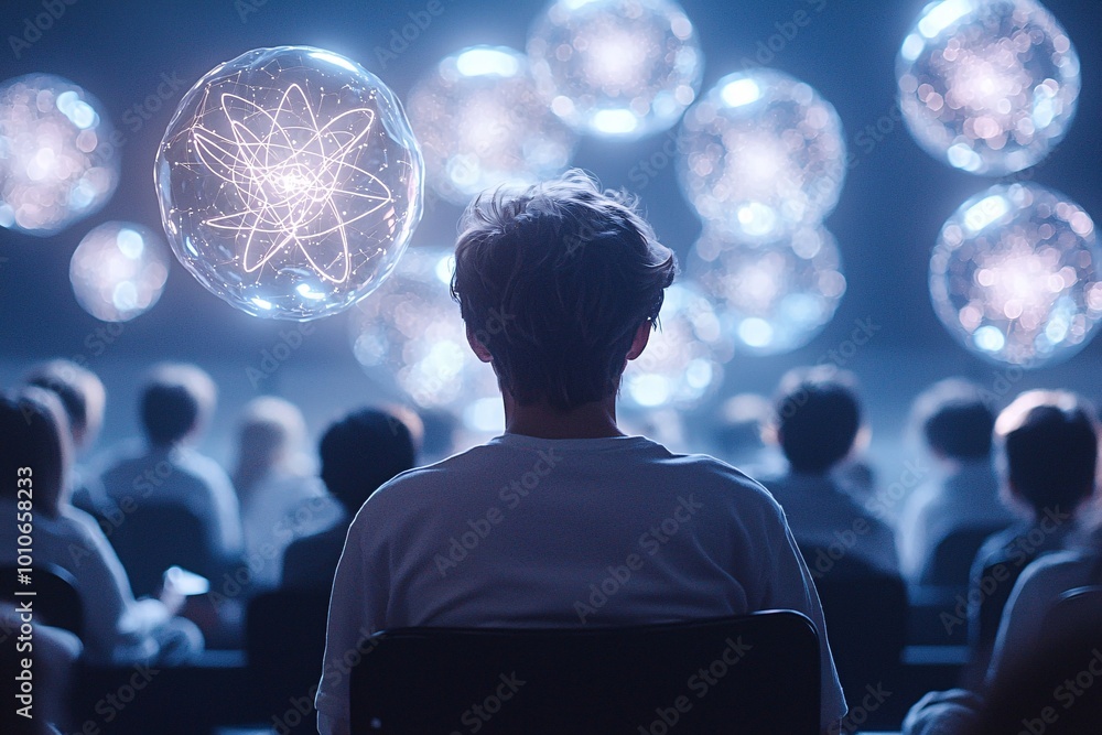 Aufkleber a teacher lecturing in an augmented classroom, interactive 3d models of atoms and particles floating