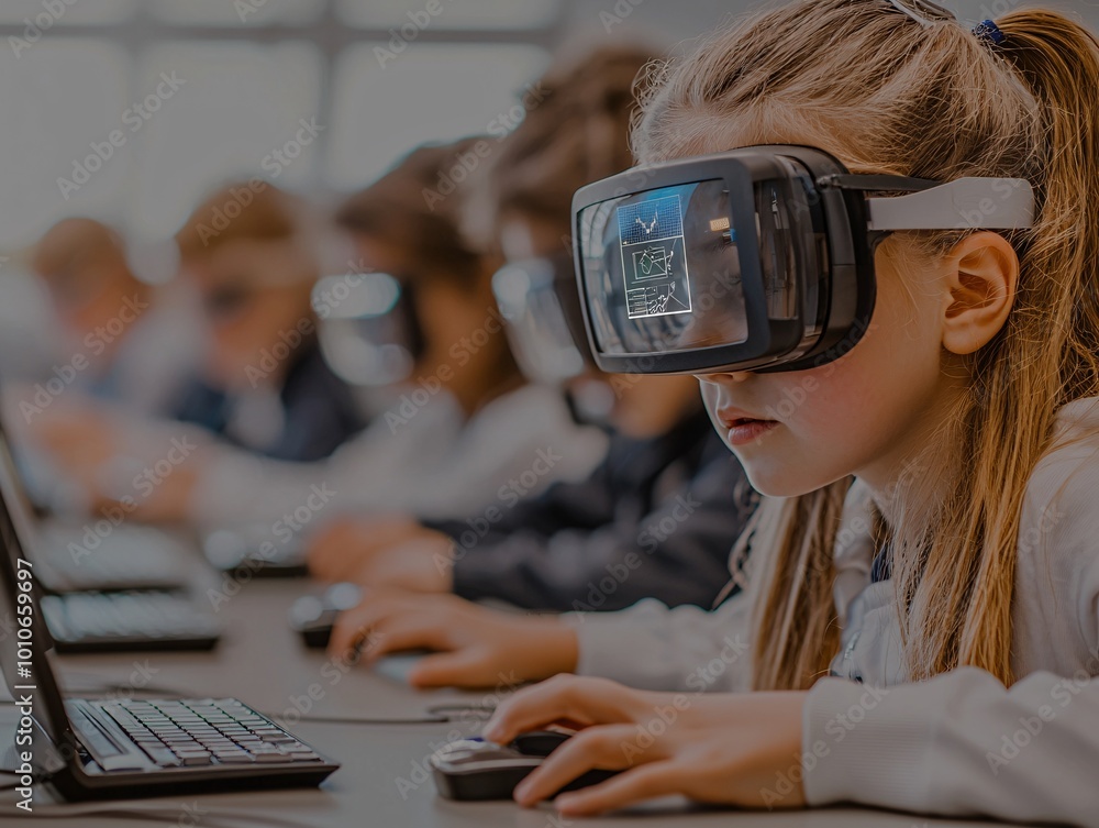 Poster teachers and students collaborating in a fully immersive quantum-powered classroom, augmented learni