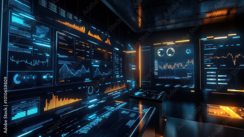 Poster futuristic data analytics dashboard in dark control room