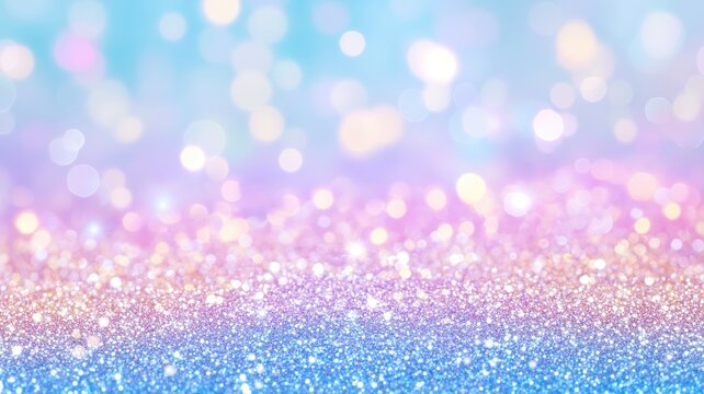 A dreamy, sparkling background filled with pastel shades of pink, purple, and blue glitter. Soft bokeh lights enhance the magical and whimsical atmosphere, perfect for celebrations, events 