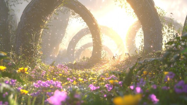 Hyperrealistic 3D Rendering of Advanced Alien Civilization in Vibrant Meadow at Sunset