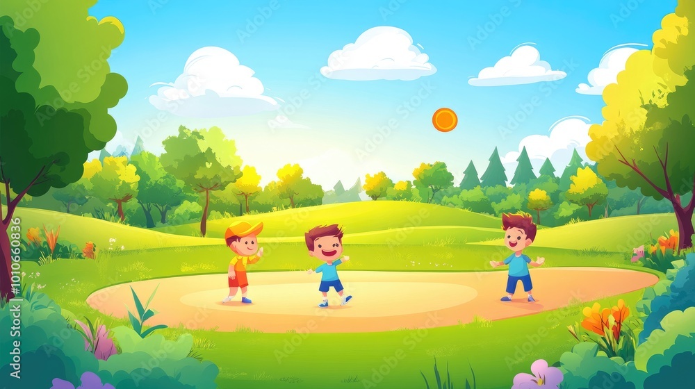 Poster a family playing with a frisbee in an open park, surrounded by trees and grassy fields on a sunny da
