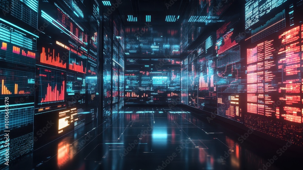 Aufkleber futuristic data center with glowing interfaces and reflections