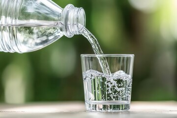 Clear water being poured from a plastic bottle into a glass during a hot day, photorealistic, symbolizing hydration and purity