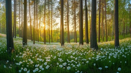 Fototapeta premium Ultra Wide Angle View of Tall Trees in Springtime Forest with Sunlight and Wildflowers