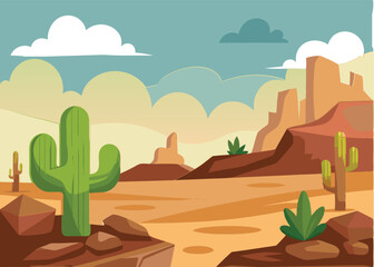 Thickets of cacti. Landscape in desert with sand and stones. Rocks and cliffs. Wildlife. Cartoon fun style. Flat design. Vector 