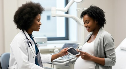 Obraz premium Pregnant Woman Consulting with Female Doctor in Clinic Setting