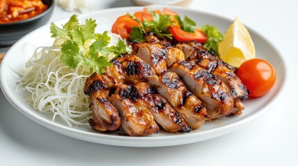Fototapeta premium Grilled Chicken Plate with Fresh Herbs and Vegetables