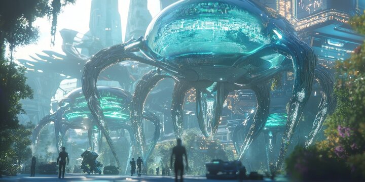 Futuristic Alien Cityscape: Hyperrealistic 3D Rendering of an Advanced Alien Civilization with Massive Holographic Displays and Diverse Alien Species on Bustling Streets