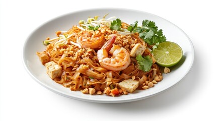 Delicious shrimp pad thai with fresh ingredients