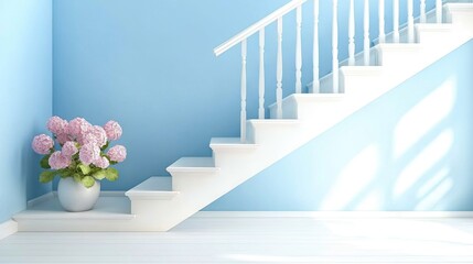 Obraz premium Sleek white stairs with pale blue walls and light oak railings. Elegant Scandinavian design, perfect for a bright and chic home.
