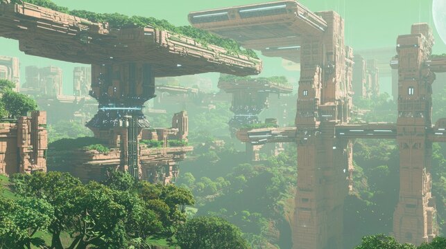 Futuristic Alien Metropolis: Hyperrealistic 3D Rendering of Technologically Advanced Civilizations Blending with Nature in Epic Landscapes