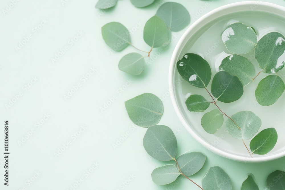 Poster Fresh eucalyptus leaves being infused in warm water, photorealistic, refreshing plant-based skincare