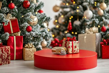 red podium for product placement in christmas background decor by christmas tree gift boxes ribbon  with generative ai