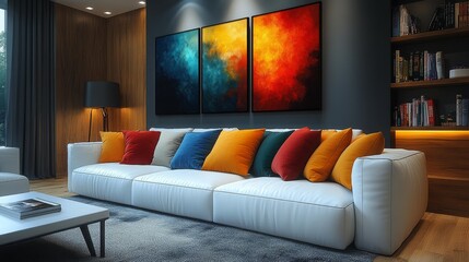 Modern Living Room with Colorful Cushions Generative AI