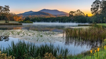 A panoramic view of a quiet mountain lake at dawn, with mist rising from the water and the horizon bathed in soft light.