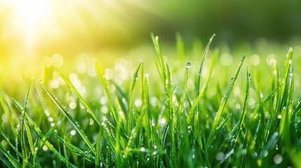 Obraz premium Fresh Green Grass in Morning Light with Dew Drops