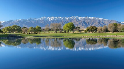 Fototapeta premium A peaceful lake reflecting the surrounding mountains and trees under a bright blue sky, creating a mirrored effect.