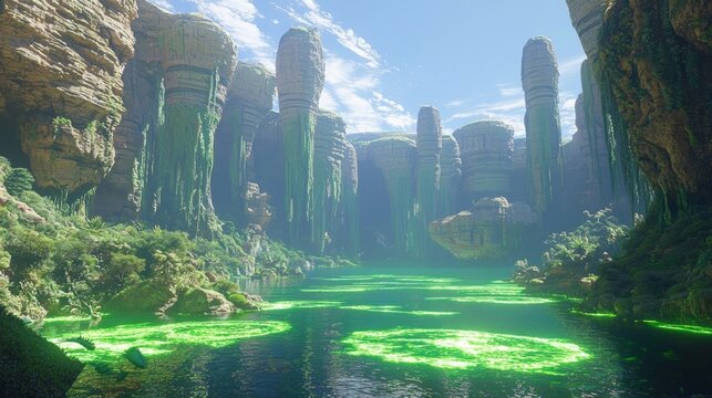 Extraterrestrial Oasis: Serene Alien Lake with Luminescent Fish in Hyperrealistic 3D Rendering