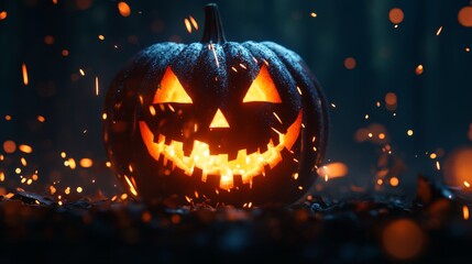 A scary Jack-o-lantern with an open mouth, sparks flying from within, dramatic underlighting, digital illustration, surreal colors, dark blue and orange contrasts, eerie forest background