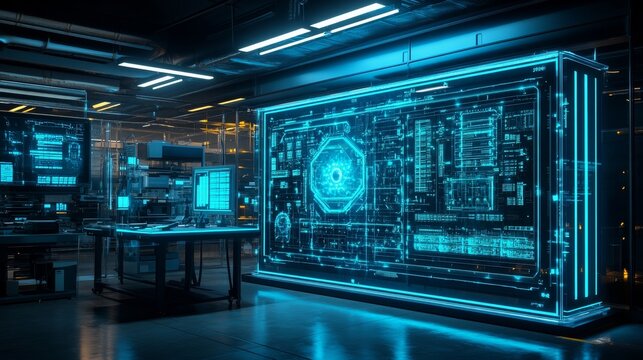 A sleek futuristic quantum computer glowing with pulsating neon blue lights, intricate circuitry visible through transparent panels, set in a high-tech laboratory