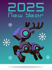 Futuristic cyber Happy New Year. Technological AI Deer on snow. Card, cover, web banner, poster for social media. Flat vector illustration in cartoon style.