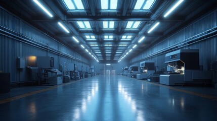 A state-of-the-art CNC production hall, with shining machines and glowing panels, in a futuristic, eco-friendly, and open industrial environment