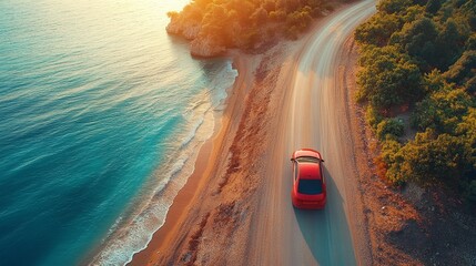 Car on a Coastal Road at Sunset Scenic Travel Adventure Generative AI