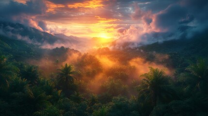 Fototapeta premium Tropical Jungle Sunrise Scenery Generative AI