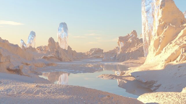 Hyperrealistic 3D Rendering of Advanced Alien Civilization: Breathtaking Sunrise Over Iridescent Valley with Crystal Lake