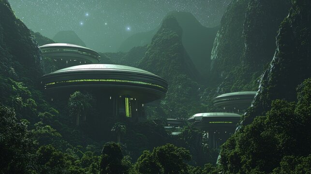 Futuristic Alien Research Facility in Enigmatic Alien Landscape with Towering Mountains and Starry Sky