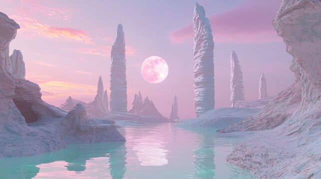 Hyperrealistic 3D Rendering of Advanced Alien Civilization in Epic Landscape with Shimmering Lake at Sunset