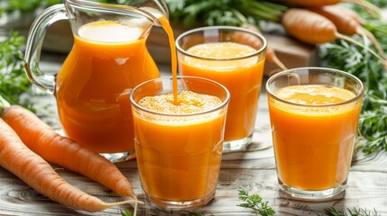Vibrant orange carrot juice flowing from pitcher into glass cup with fresh carrots nearby