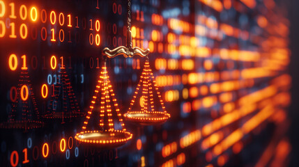 Balanced justice scales on binary data background, intersection of law and technology. Generative AI