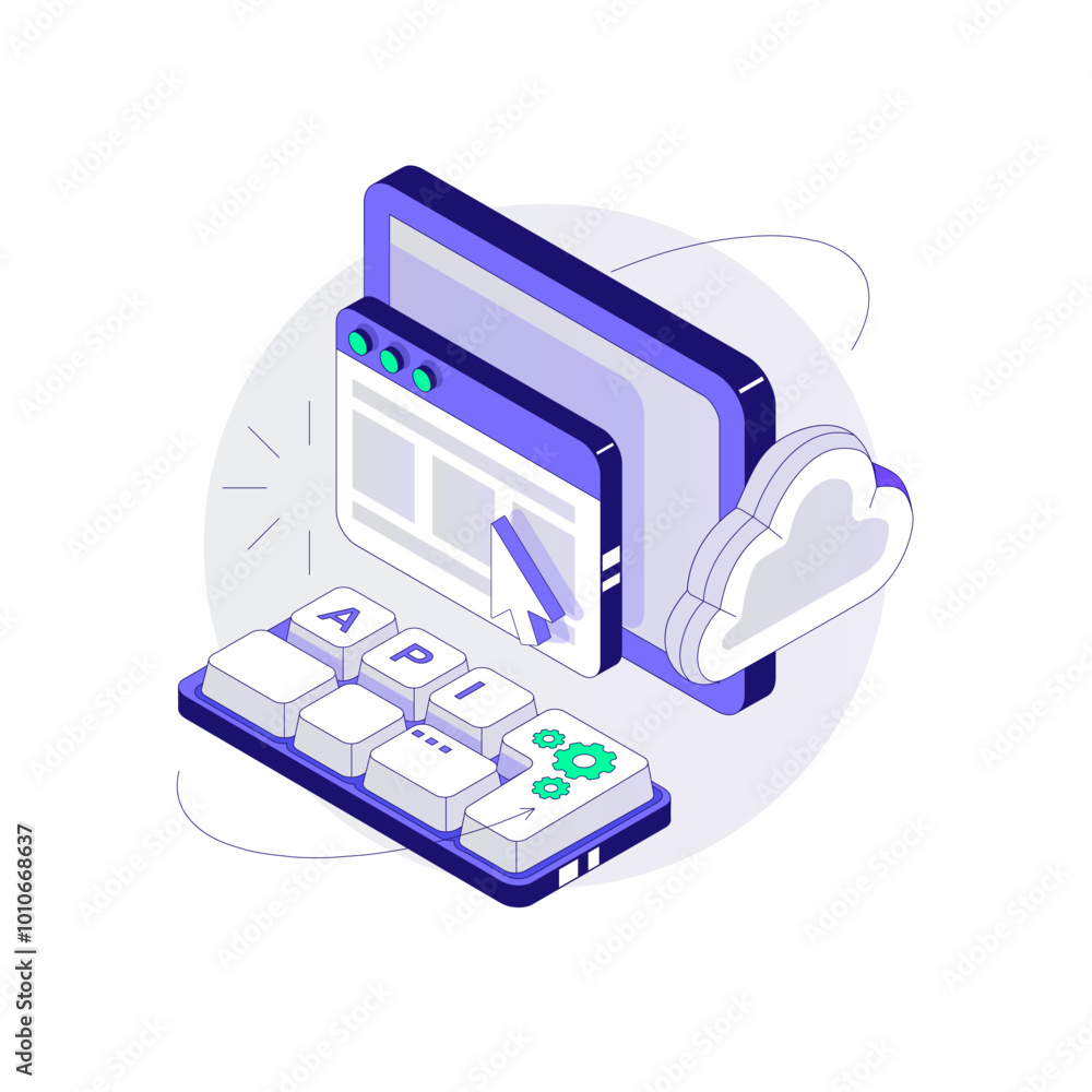Wall mural api software integration concept with small keyboard. isometric vector illustration