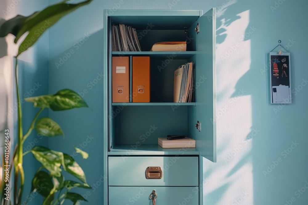Poster a turquoise cabinet with open shelves displaying files and folders in a bright room.