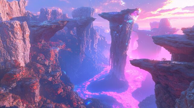 Hyperrealistic 3D Rendering of Advanced Alien Civilization: Breathtaking Canyon Landscape at Twilight