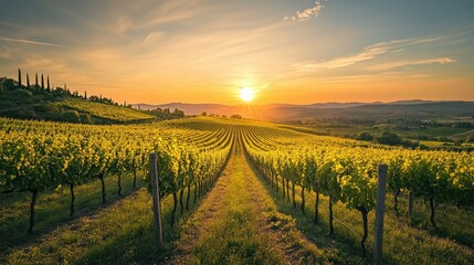 Naklejka premium Serene Vineyard at Sunset with Golden Light