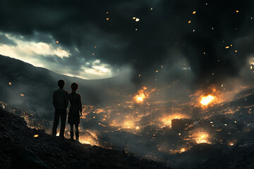 Fototapeta premium View from the back of brothers and sister holding together, facing a war-torn landscape with copy space. Dramatic lighting. Smoke and ruined buildings in the background.